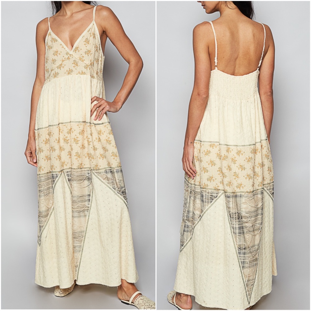 Elegant Cream and Tan Maxi Dress